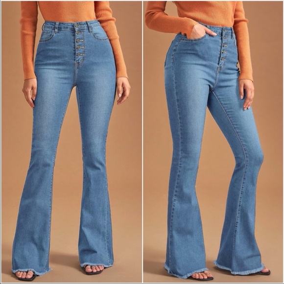 High Waisted Button Fitted Bell Bottom DARK BLUE - Picture 3 of 12